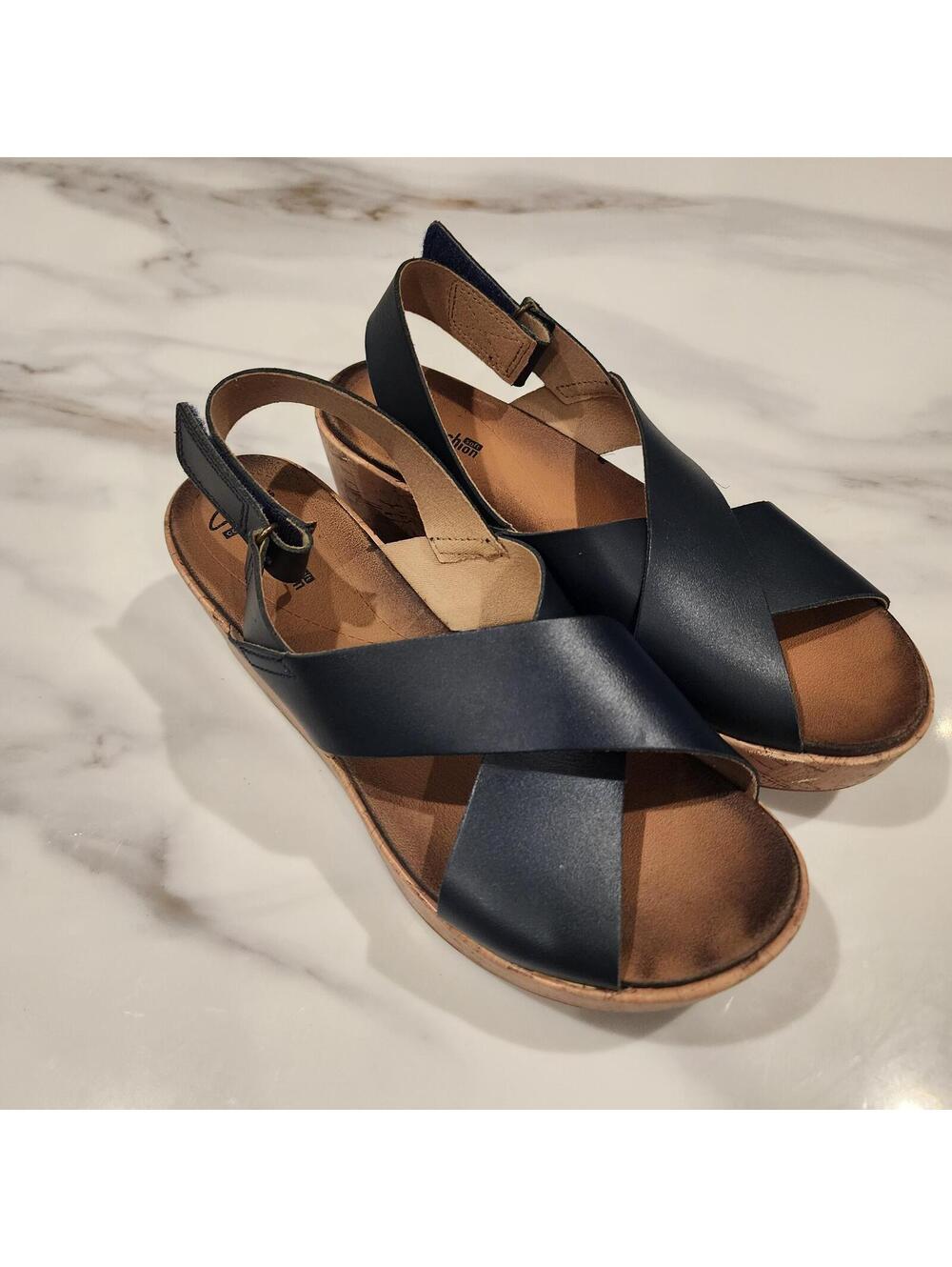 Clarks Navy Leather Cork Wedge Sandals Women's 10 Slingback Comfort Shoes